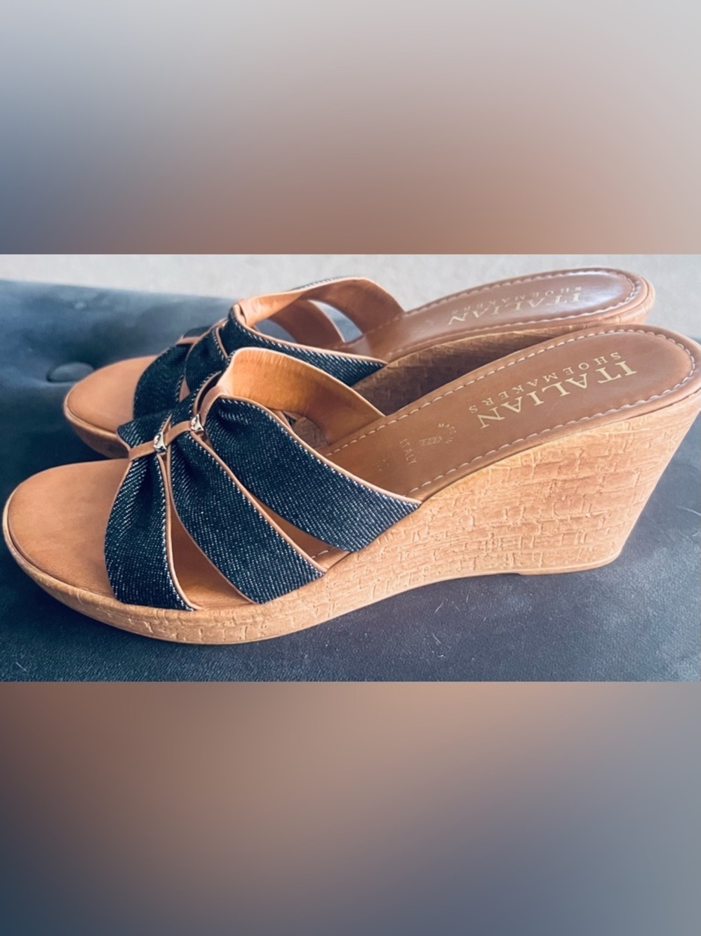 Italian Shoemakers Navy Denim and Tan Wedge Sandals/10 - Picture 3 of 8